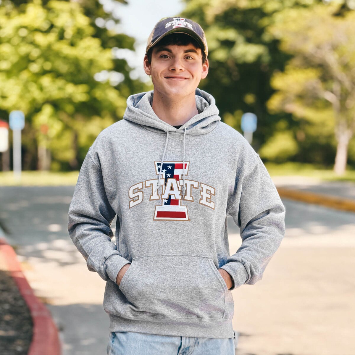 Champion® Patriotic I-State Gray Powerblend Hoodie